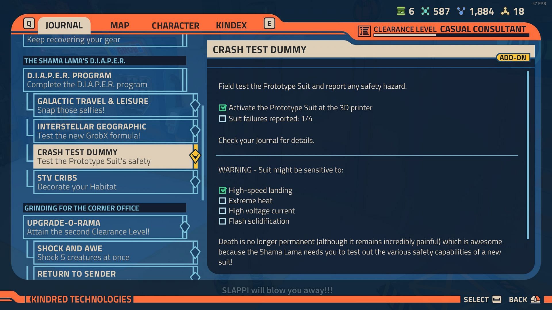 The four failure tests in the Crash Test Dummy quest (Image via Raccoon Logic Studios)